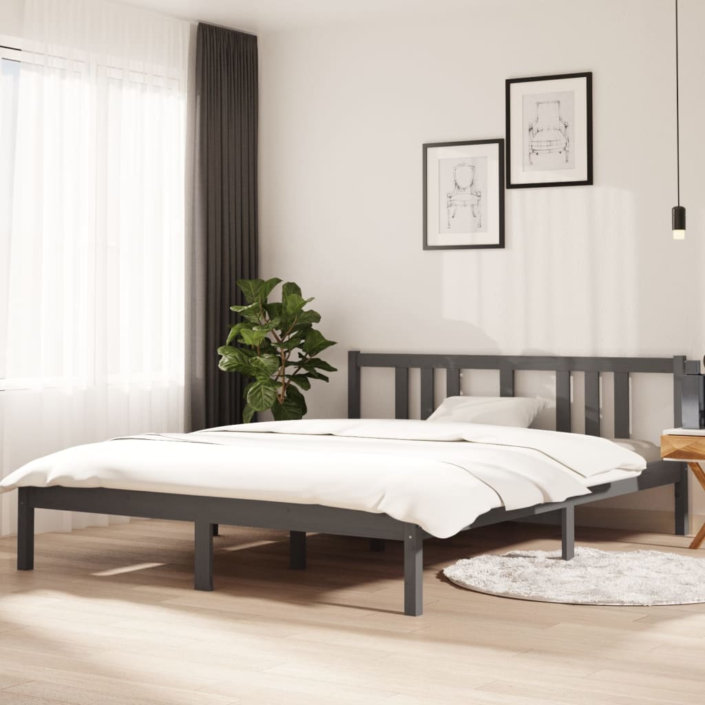 Bed Frame Grey Solid Wood 150x200 cm King Size - Discount Dealers