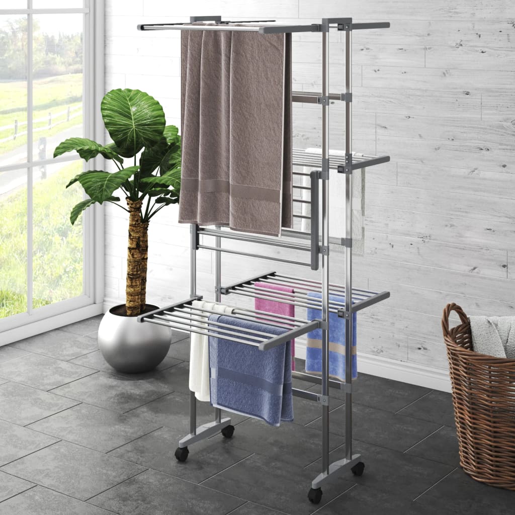 3-Tier Laundry Drying Rack with Wheels Silver 60x70x129 cm - Decor Base