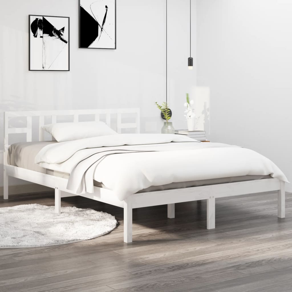 Bed Frame White Solid Wood 150x200 cm King Size - Brittle & Co