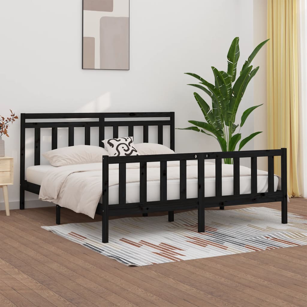 Bed Frame Black Solid Wood Pine 200x200 cm - All Things Good