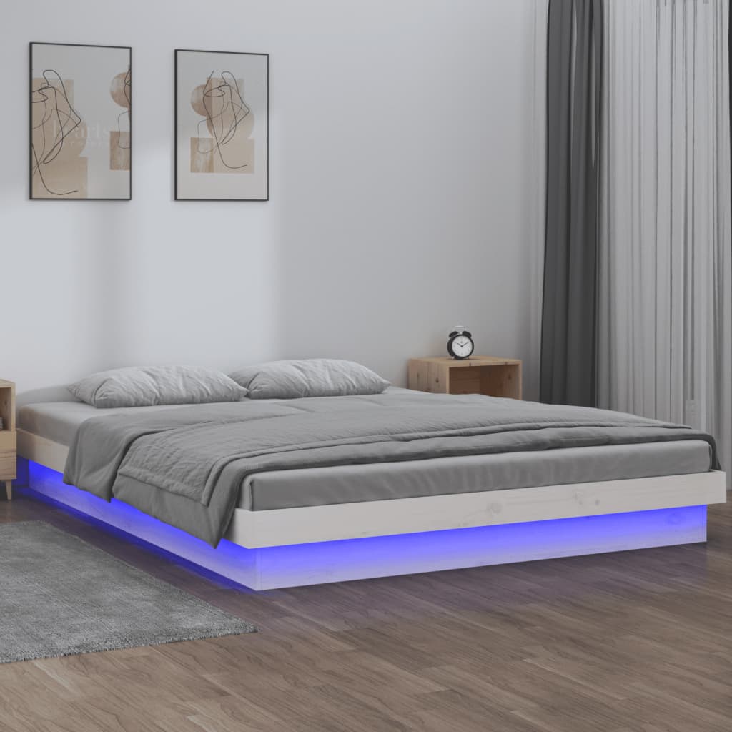 LED Bed Frame White 160x200 cm Solid Wood - The Home Maker