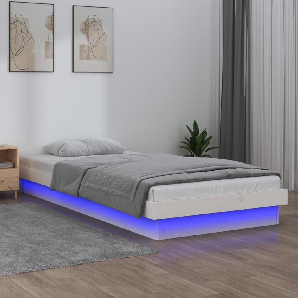 LED Bed Frame White 75x190 cm Small Single Solid Wood - R and M Furniture