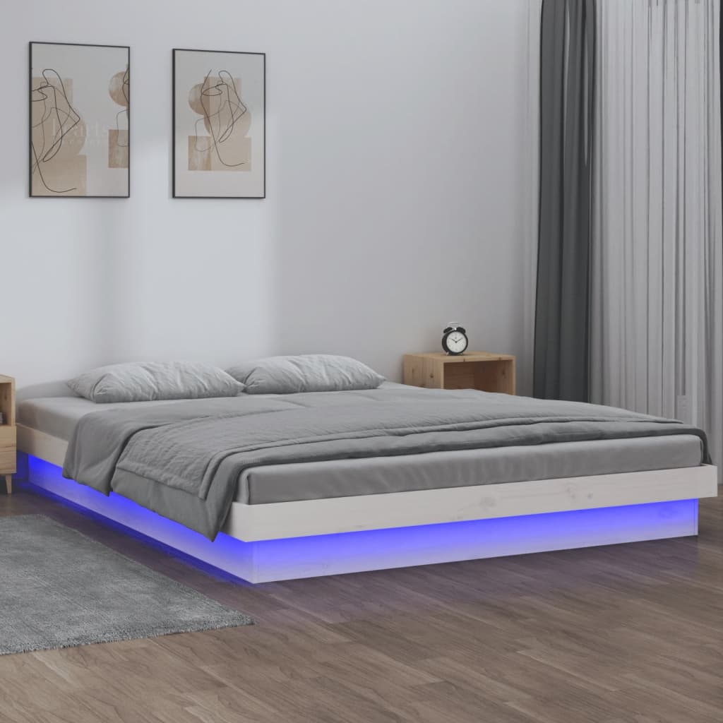 LED Bed Frame White 120x190 cm Small Double Solid Wood - Direct Imports
