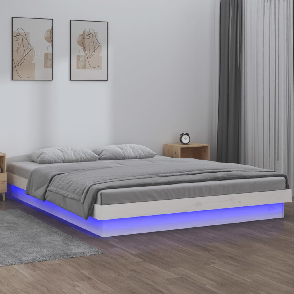 LED Bed Frame White 135x190 cm Double Solid Wood - Tyrell & Tyrell