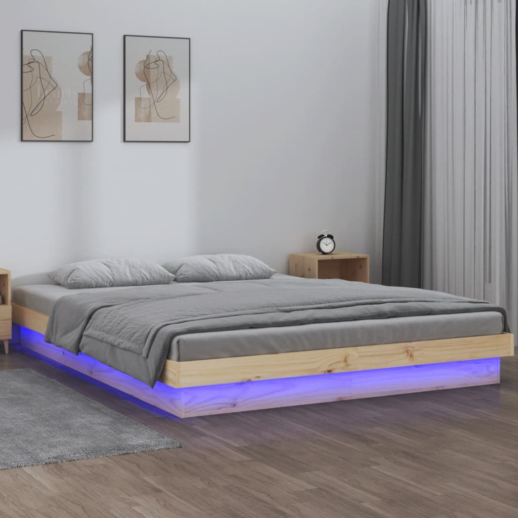 LED Bed Frame 140x190 cm Solid Wood - Direct Imports