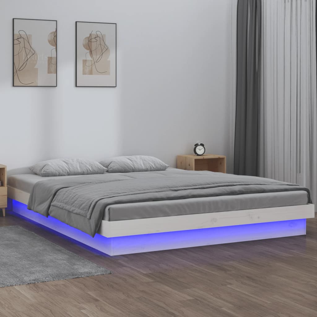 LED Bed Frame White 140x190 cm Solid Wood - Brittle & Co