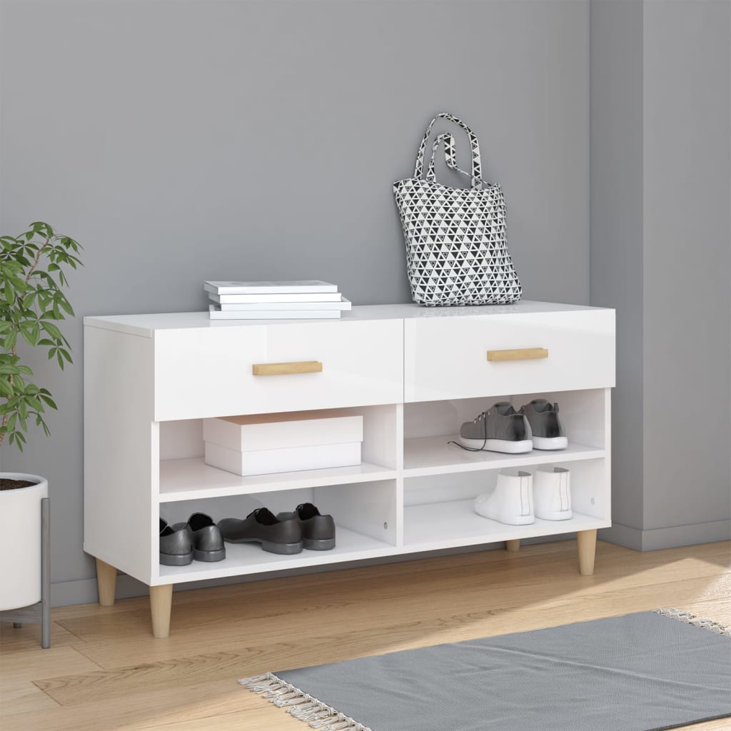 Shoe Cabinet High Gloss White 102x35x55 cm Engineered Wood - Sid & Sam
