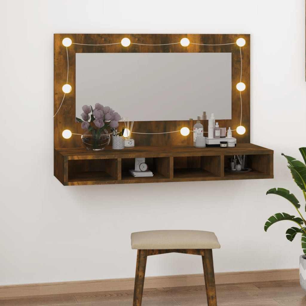 Mirror Cabinet with LED Smoked Oak 90x31.5x62 cm - R and M Furniture