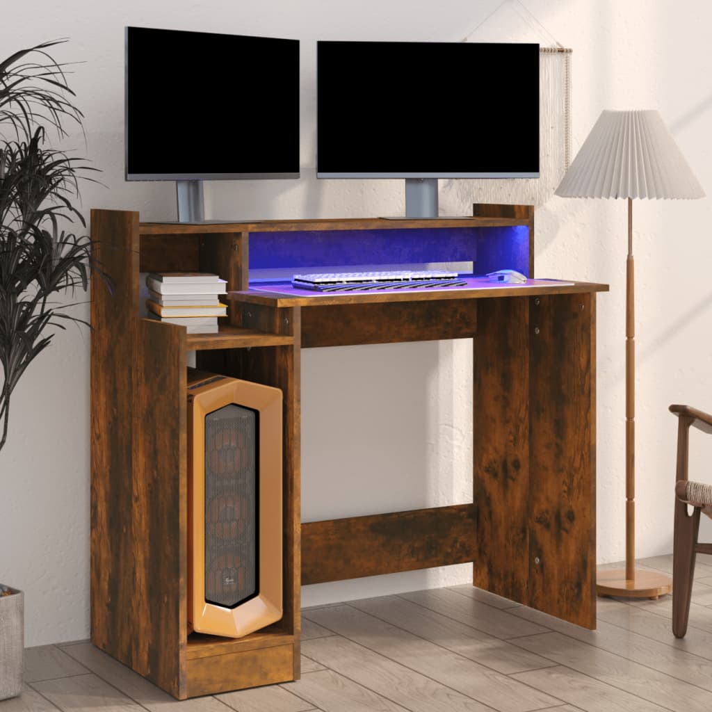Desk with LED Lights Smoked Oak 97x45x90 cm Engineered Wood - Discount Dealers