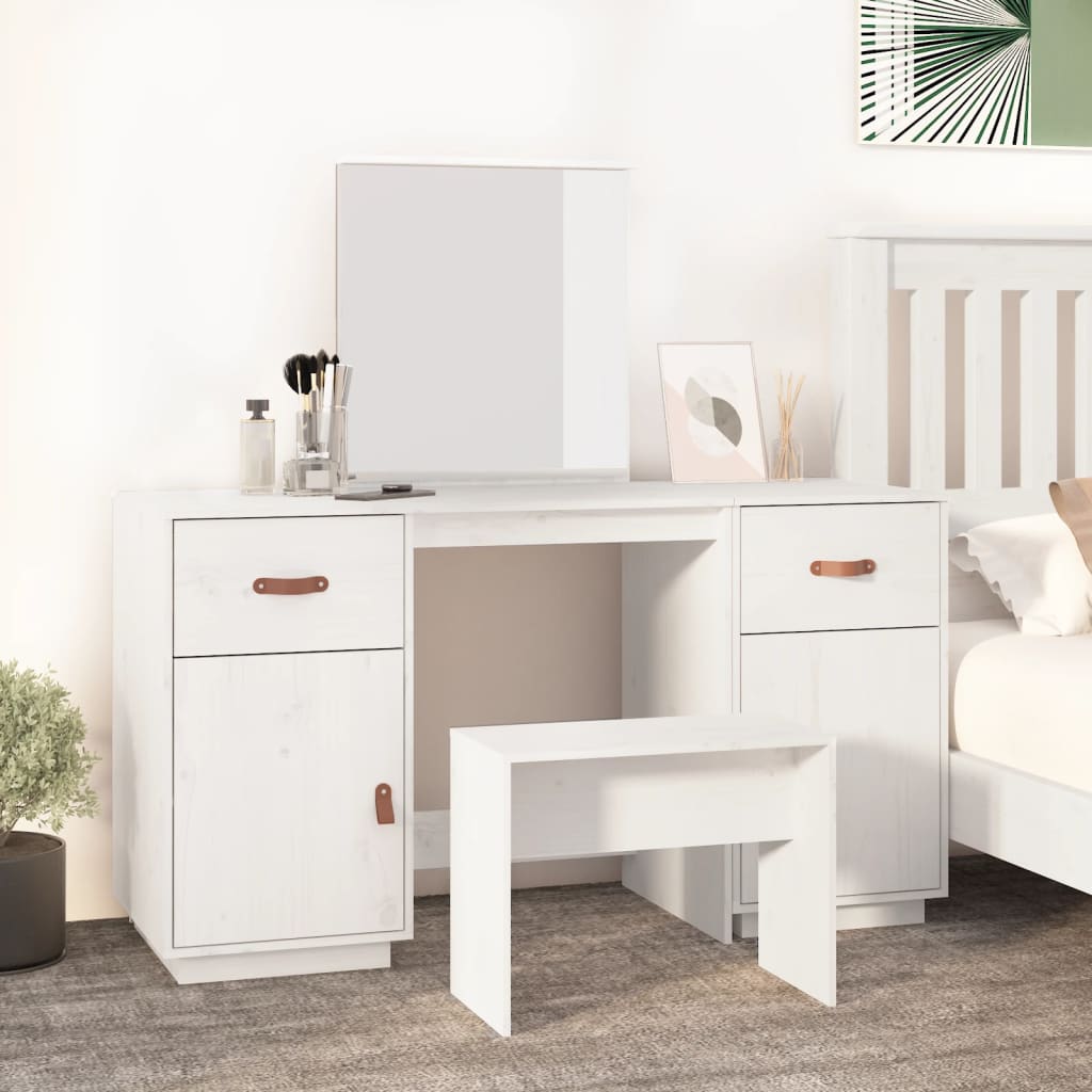 Dressing Table Set with a Mirror White Solid Wood Pine - Decor Base