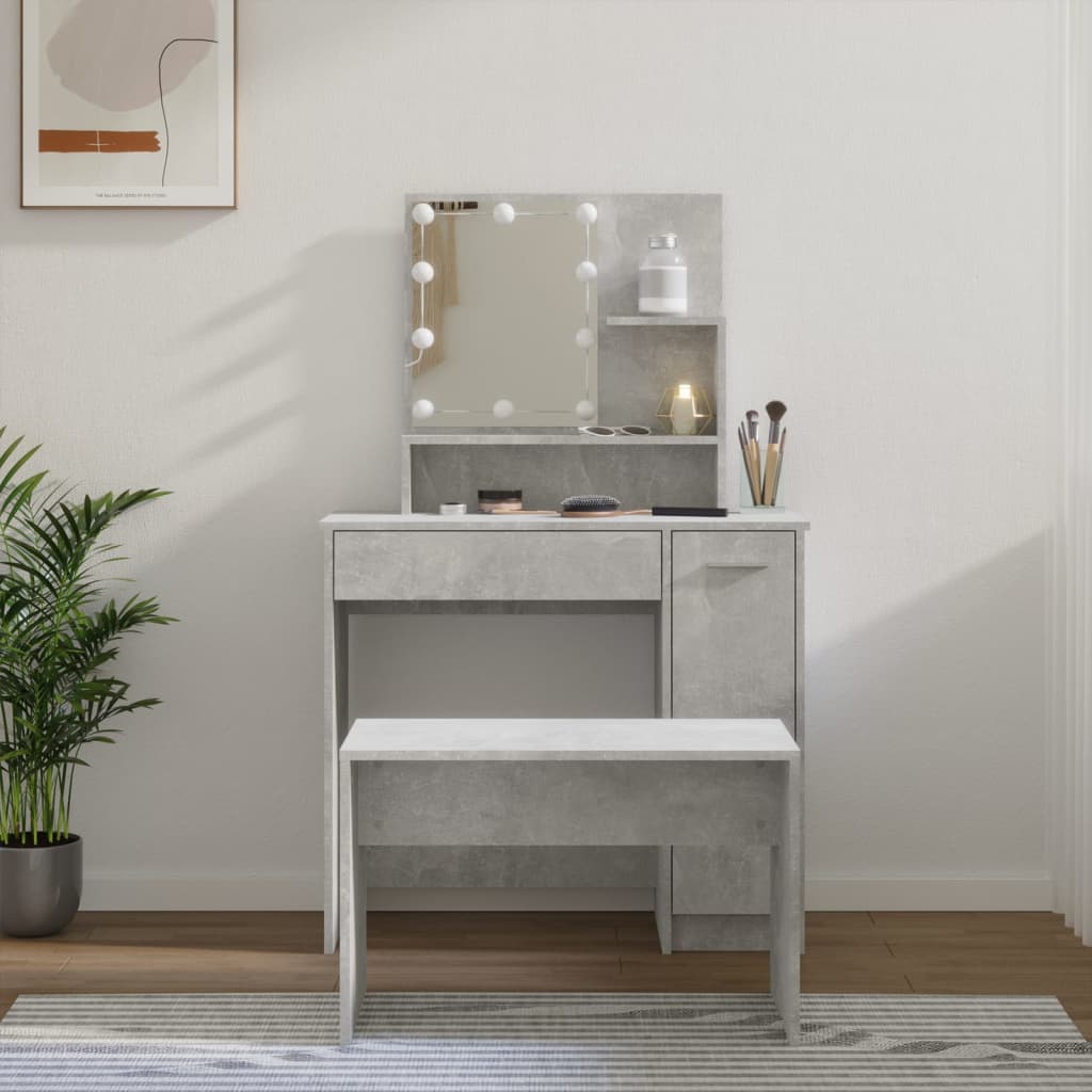 Dressing Table Set with LED Concrete Grey Engineered Wood - Sid & Sam
