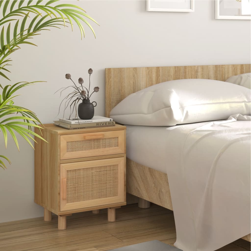 Bedside Cabinet Brown Solid Wood Pine and Natural Rattan - Millennium Furniture