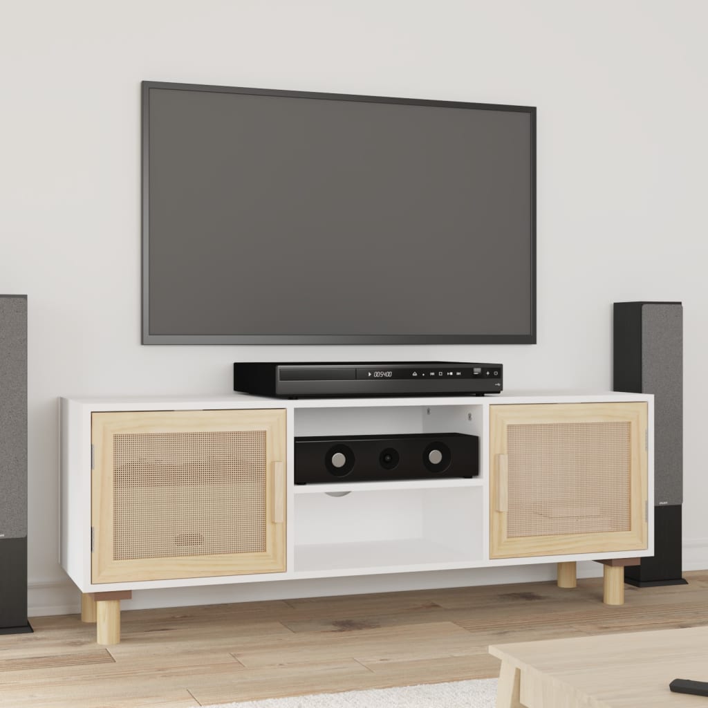 TV Cabinet White 105x30x40 cm Solid Wood Pine&Natural Rattan - Sid & Sam