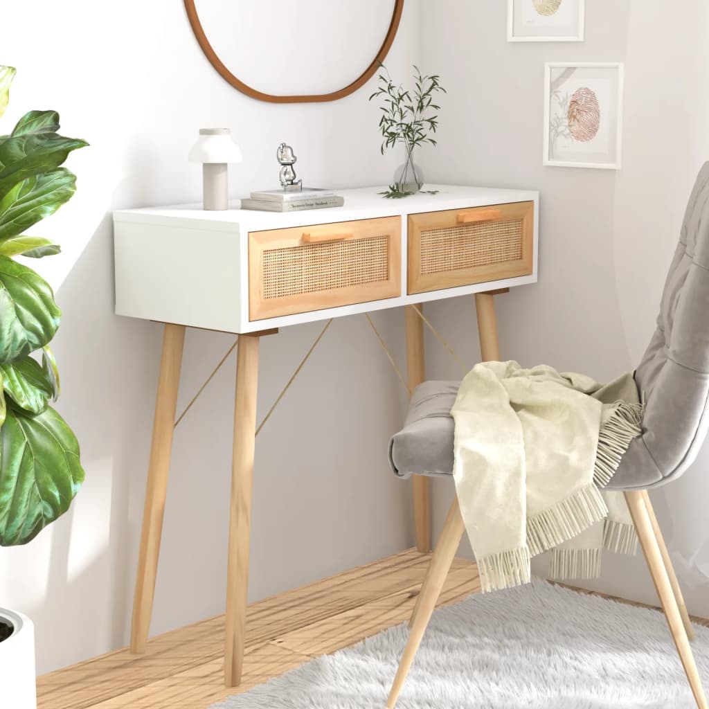 Console Table White 80x30x75 cm Solid Wood Pine&Natural Rattan - Sid & Sam
