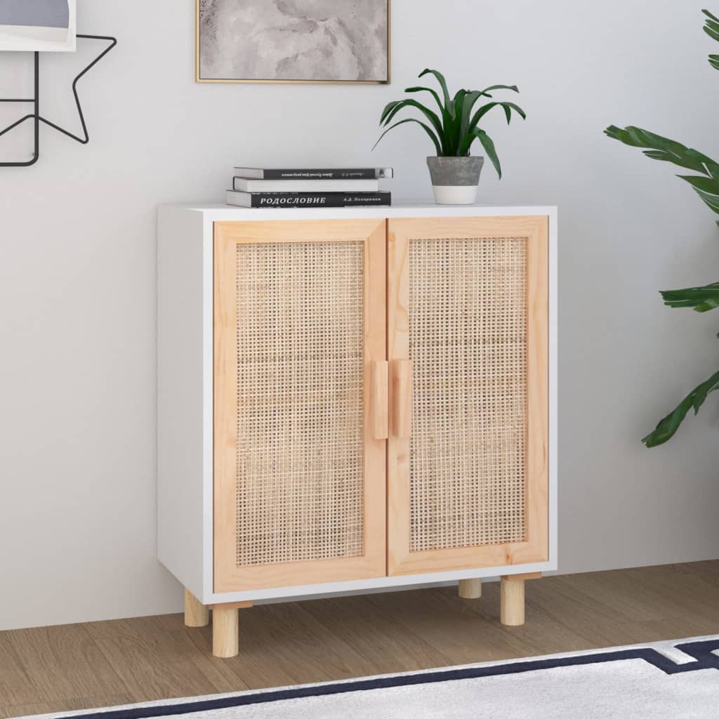 Sideboard White 60x30x70 cm Solid Wood Pine and Natural Rattan - Sid & Sam