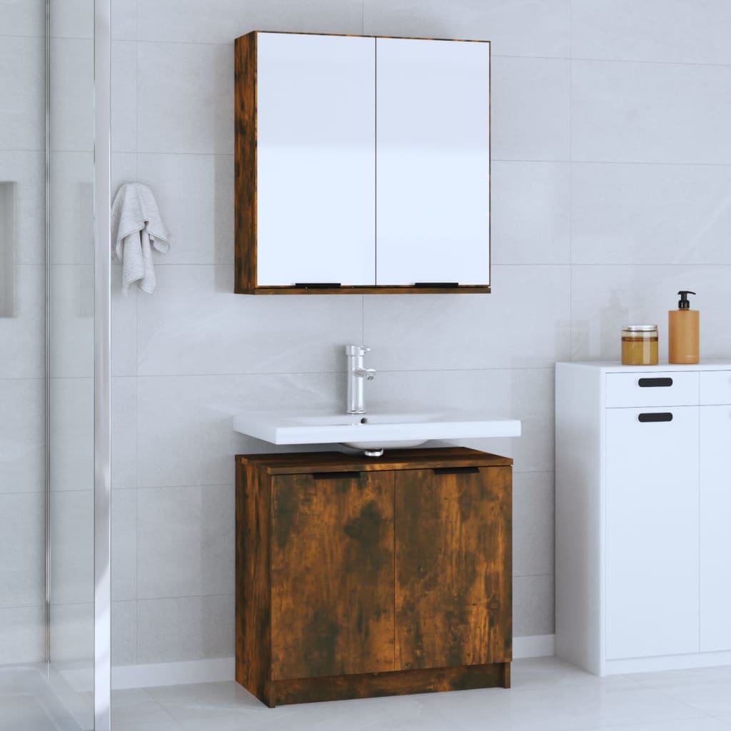 2 Piece Bathroom Cabinet Set Smoked Oak Engineered Wood - Design Hut