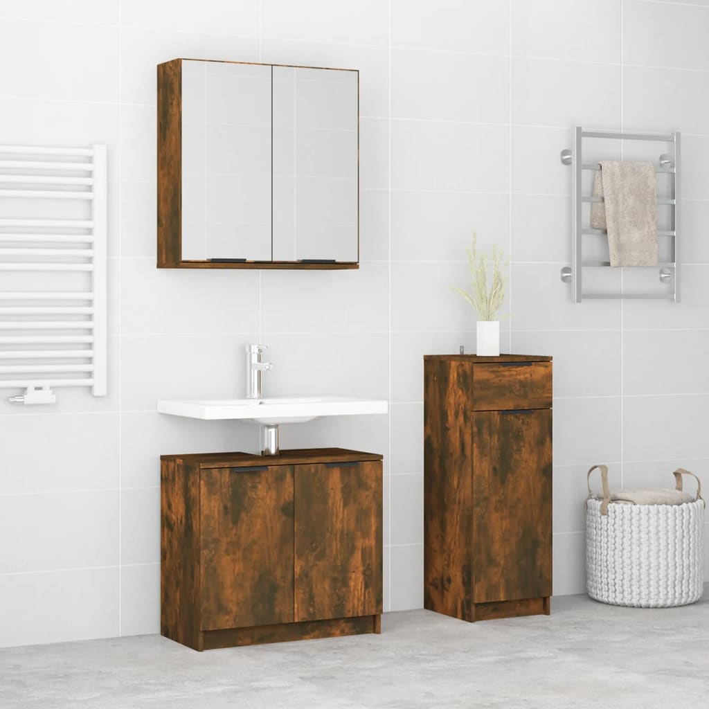 3 Piece Bathroom Cabinet Set Smoked Oak Engineered Wood - Merlin Deals
