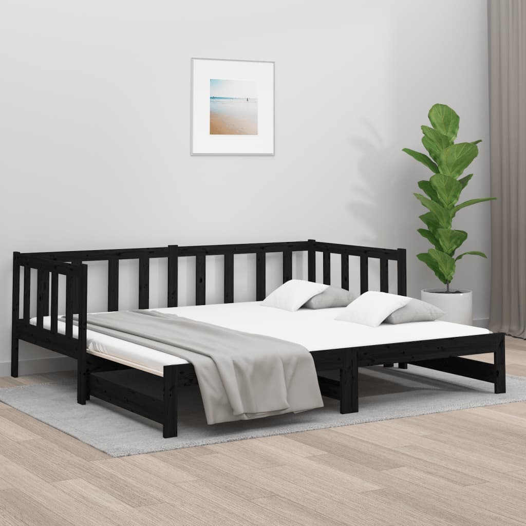 Pull-out Day Bed Black 2x(90x190) cm Solid Wood Pine - Merlin Deals