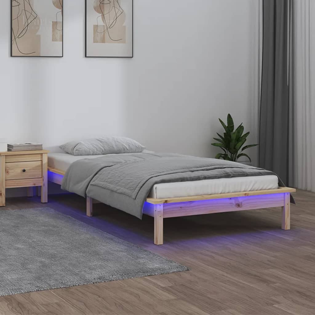 LED Bed Frame 100x200 cm Solid Wood - Decor Base