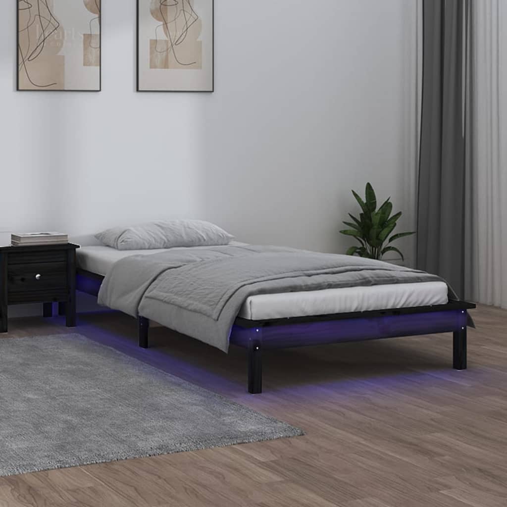 LED Bed Frame Black 100x200 cm Solid Wood - R and M Furniture