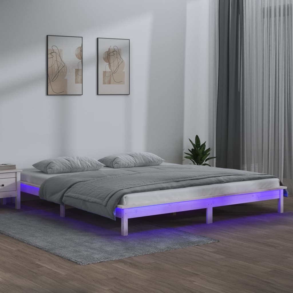 LED Bed Frame White 120x200 cm Solid Wood - Direct Imports