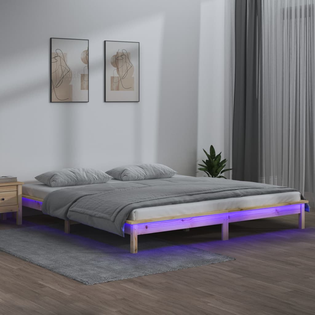 LED Bed Frame 200x200 cm Solid Wood - Unbeatable Bargains