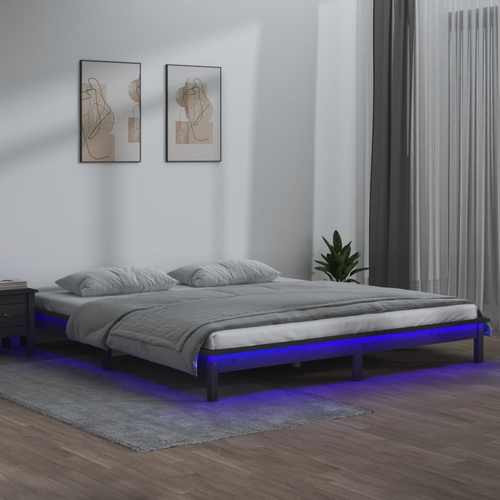LED Bed Frame Grey 200x200 cm Solid Wood - R and M Furniture
