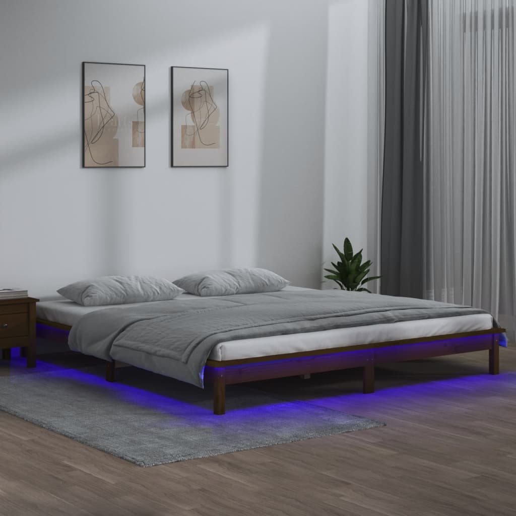 LED Bed Frame Honey Brown 200x200 cm Solid Wood - Design Hut