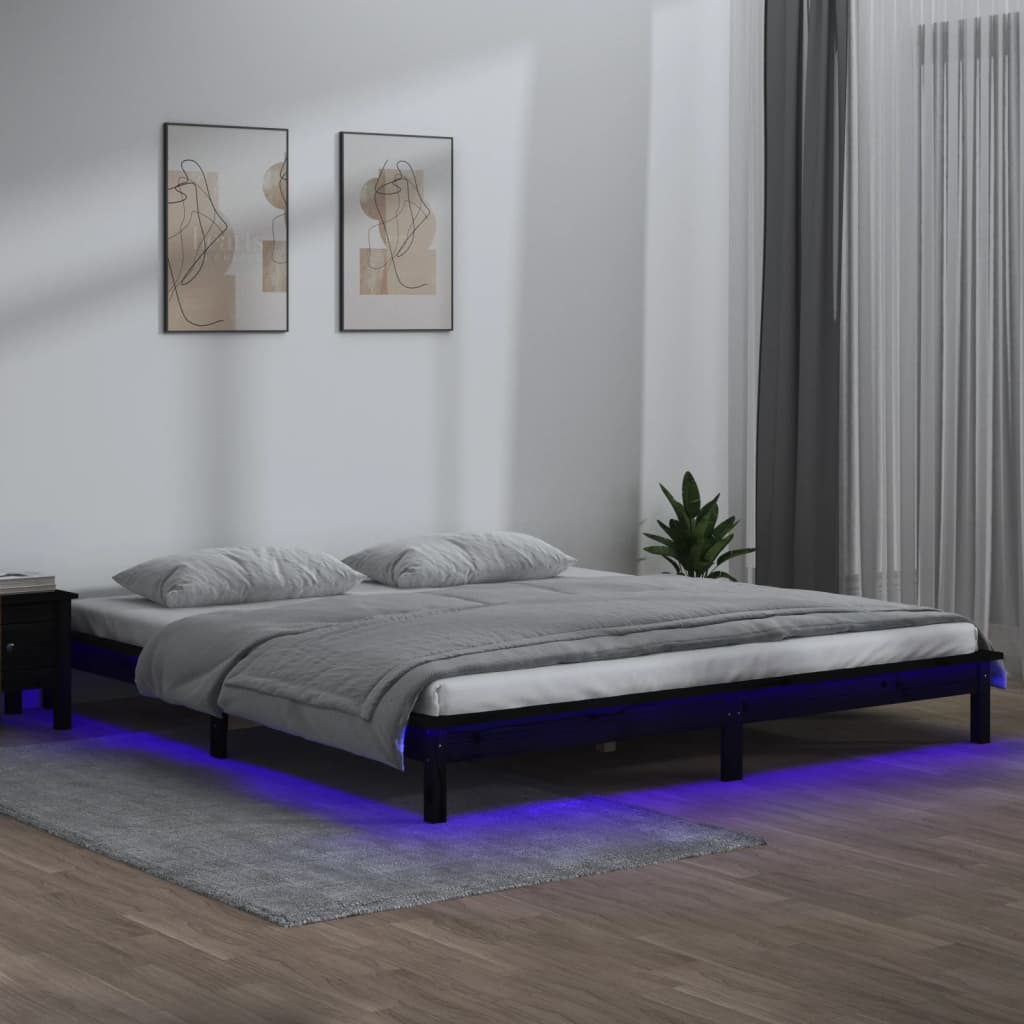 LED Bed Frame Black 200x200 cm Solid Wood - Unbeatable Bargains