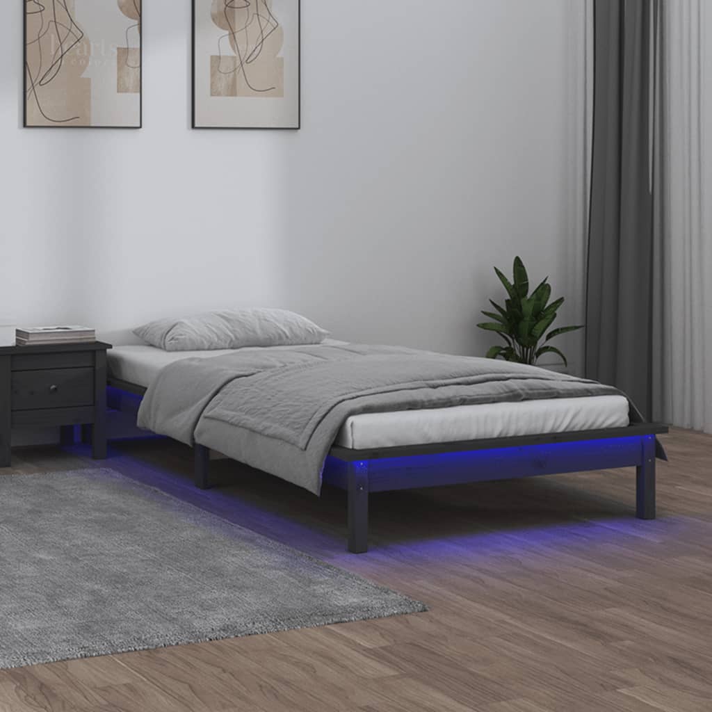 LED Bed Frame Grey 75x190 cm Small Single Solid Wood - Decor Base