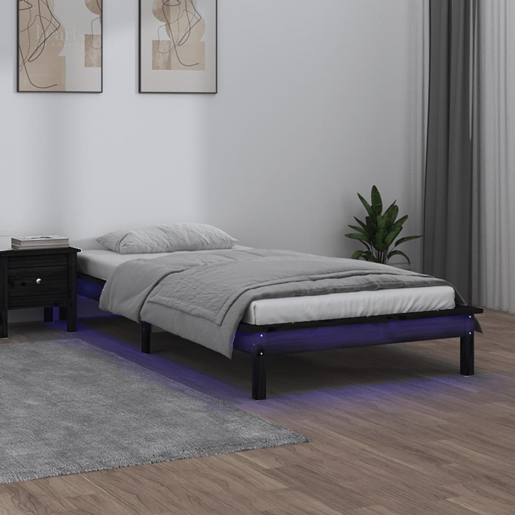 LED Bed Frame Black 75x190 cm Small Single Solid Wood - R and M Furniture