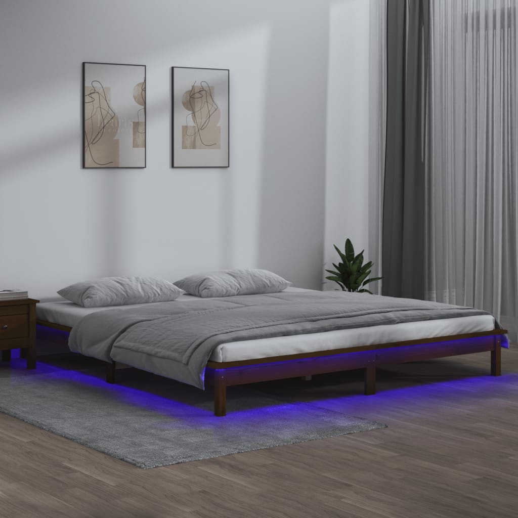 LED Bed Frame Honey Brown 120x190cm Small Double Solid Wood - Decor Base