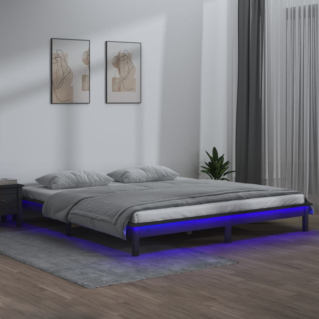 LED Bed Frame Grey 140x190 cm Solid Wood - Merlin Deals