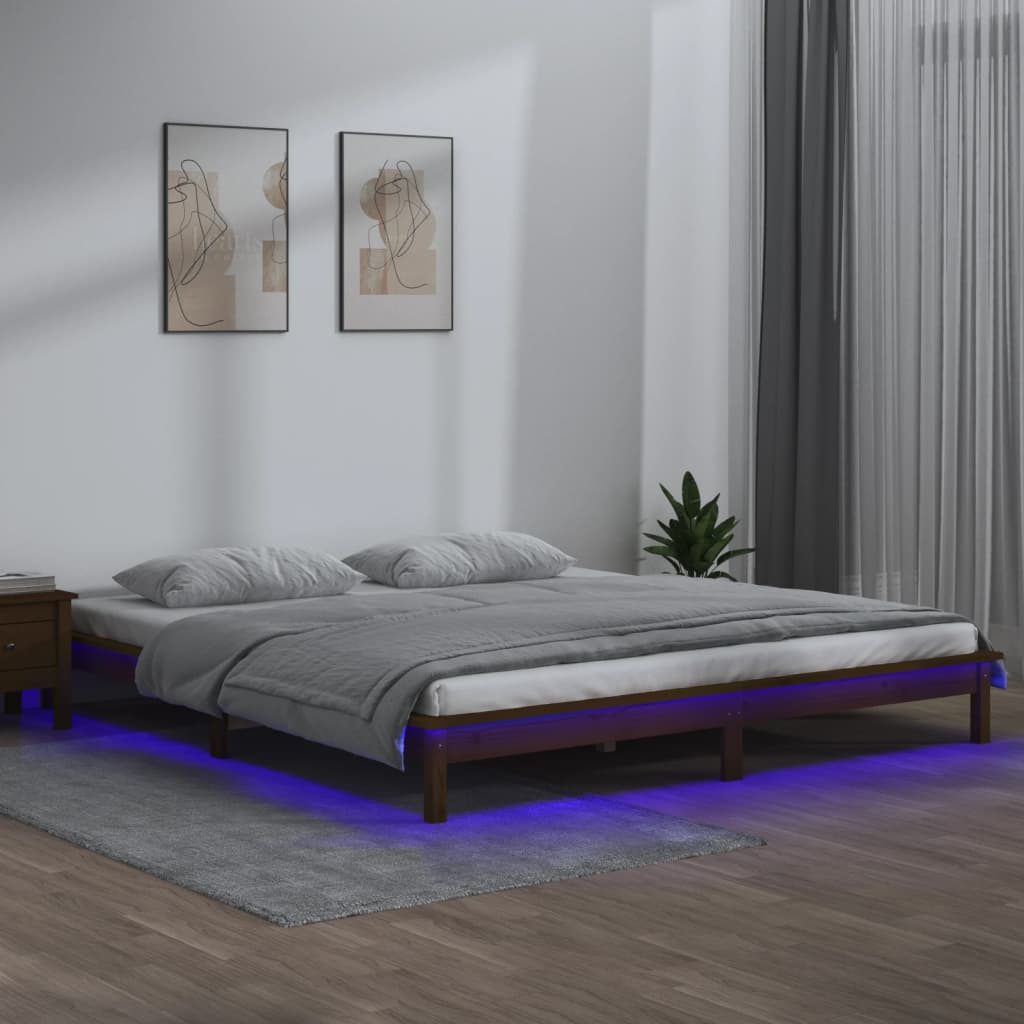 LED Bed Frame Honey Brown 140x190 cm Solid Wood - All Things Good