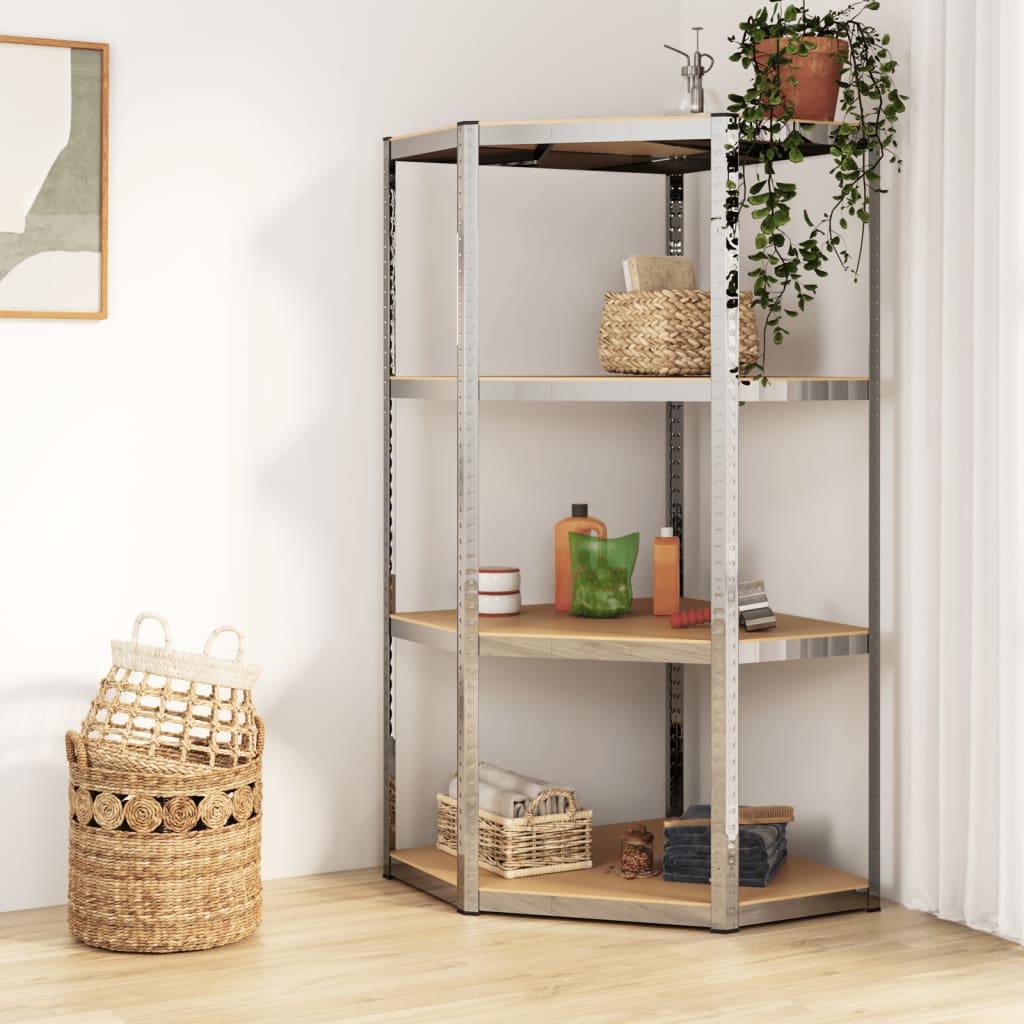 4-Layer Corner Shelf Silver Steel&Engineered Wood - Casper Homes