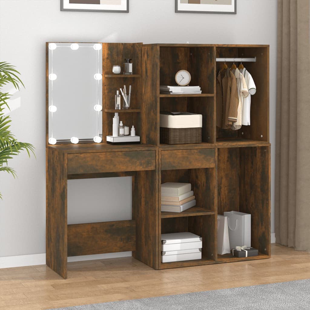 LED Dressing Table with Cabinets Smoked Oak Engineered Wood - The Home Maker