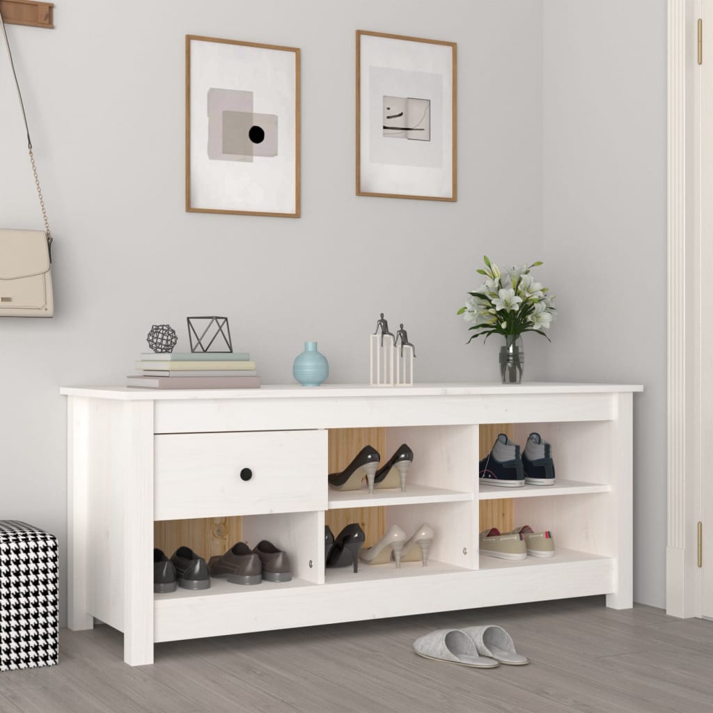 Shoe Cabinet White 110x38x45.5 cm Solid Wood Pine - R and M Furniture