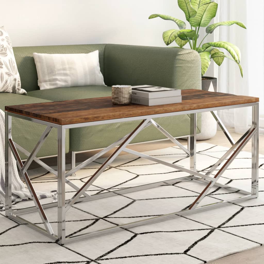 Coffee Table Silver Stainless Steel and Solid Sleeper Wood - Casper Homes