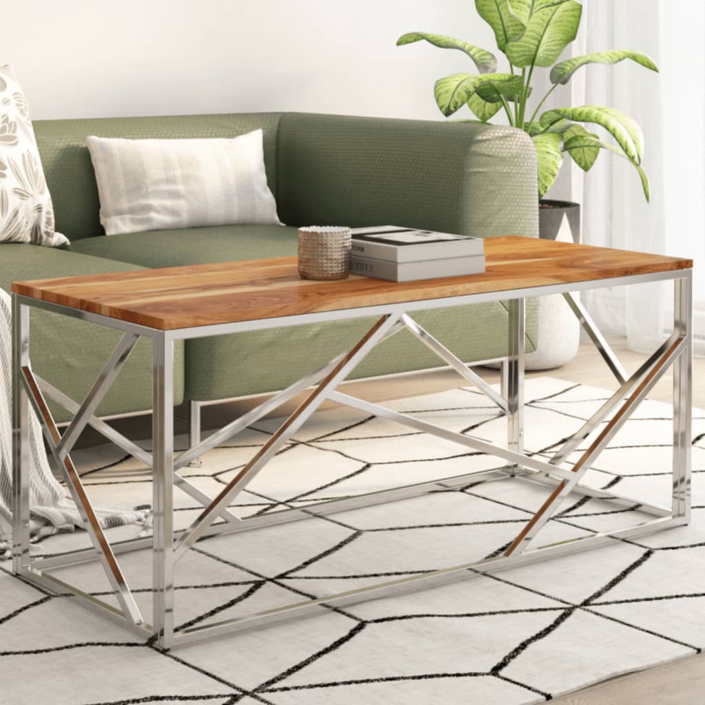 Coffee Table Silver Stainless Steel and Solid Acacia Wood - Casper Homes