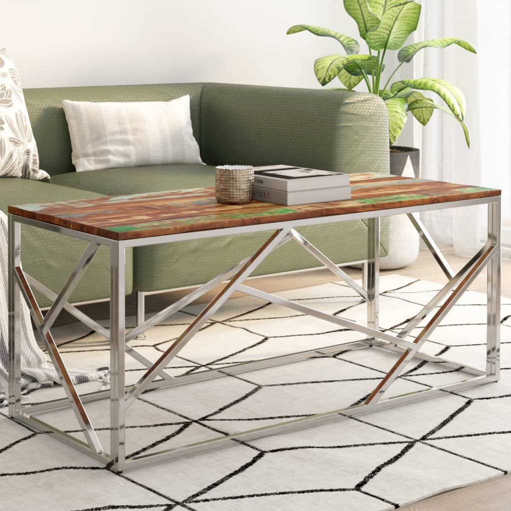 Coffee Table Silver Stainless Steel and Solid Reclaimed Wood - The Home Maker