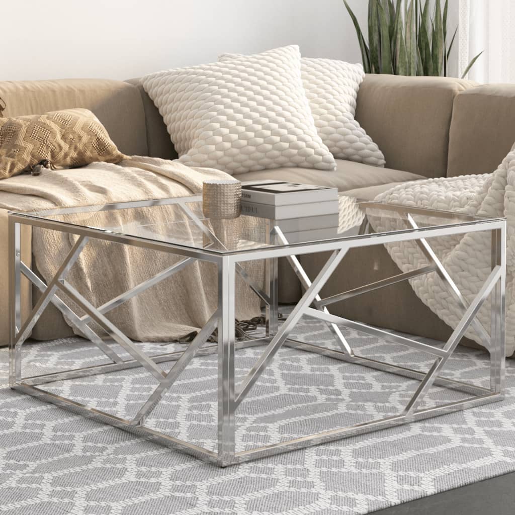 Coffee Table Silver Stainless Steel and Tempered Glass - Discount Dealers