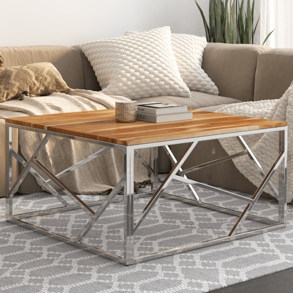 Coffee Table Silver Stainless Steel and Solid Acacia Wood - Merkel Designers