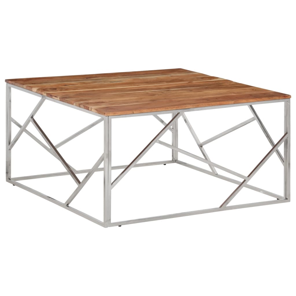 Coffee Table Silver Stainless Steel and Solid Wood Acacia - vid-349959 - Discount Dealers