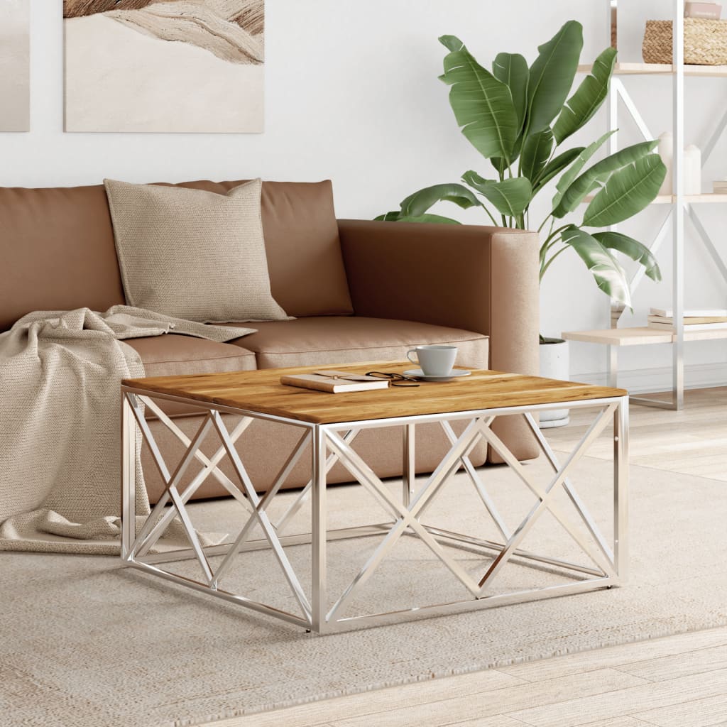 Coffee Table Silver Stainless Steel and Solid Wood Acacia - R and M Furniture