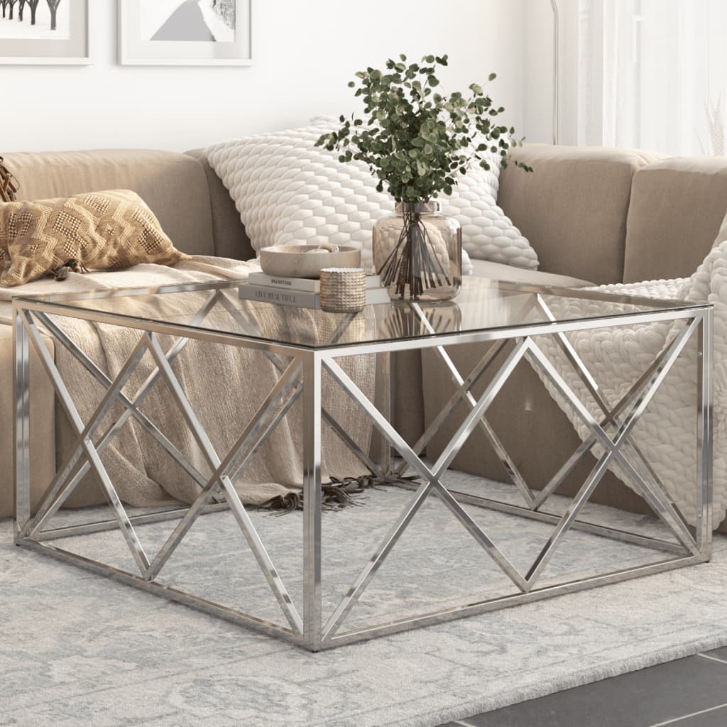 Coffee Table Silver Stainless Steel and Tempered Glass - Direct Imports