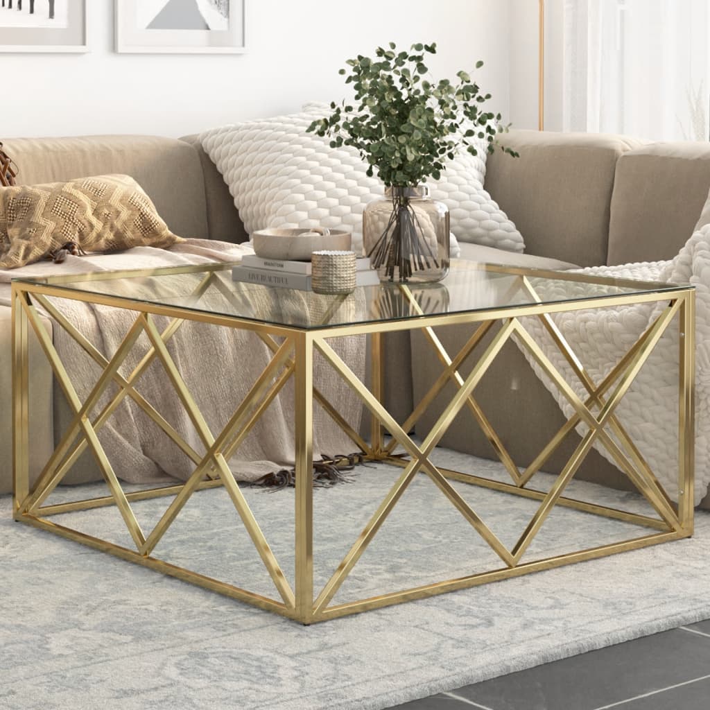 Coffee Table Gold Stainless Steel and Tempered Glass - Design Hut