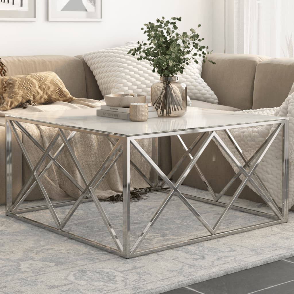 Coffee Table Silver Stainless Steel and Tempered Glass - Merlin Deals
