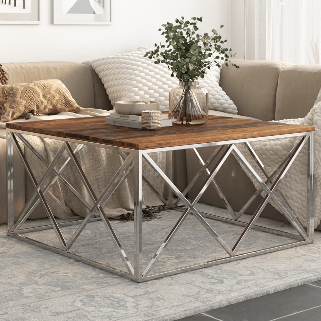 Coffee Table Silver Stainless Steel and Solid Sleeper Wood - Casper Homes