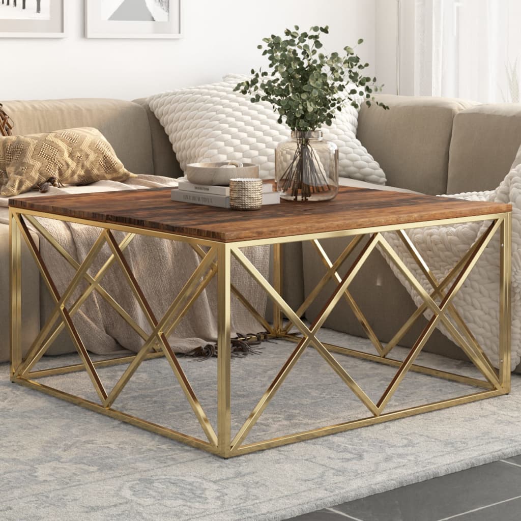 Coffee Table Gold Stainless Steel and Solid Sleeper Wood - Design Hut