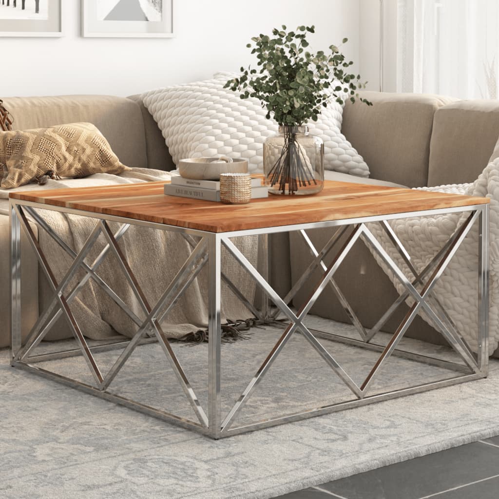 Coffee Table Silver Stainless Steel and Solid Acacia Wood - Style and Chic